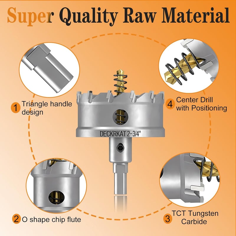 DECKRKAT Store 2-3/4" TCT Hole Saw for Hard Metal, Heavy Duty 70mm Tungsten Carbide Tipped Hole Cutter with Spring Loaded Pilot Drill Bit for Stainless Steel, Metal, Iron, and Plastic. - Image 4